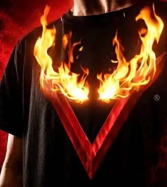 Verrati signature black tee with the red V emblem and flames rising from it