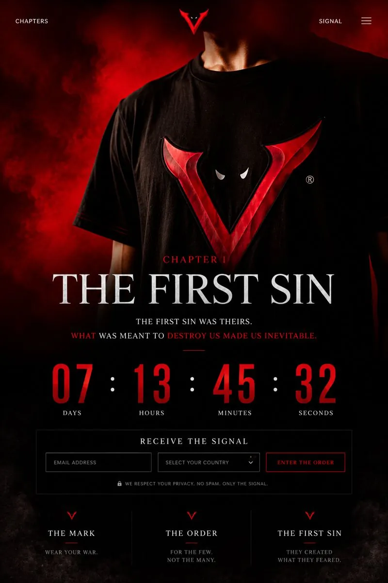 verrati.com holding page: the V mark, a countdown in days, hours, minutes and seconds, Chapter I The First Sin headline and an email capture form over a photo of the signature tee
