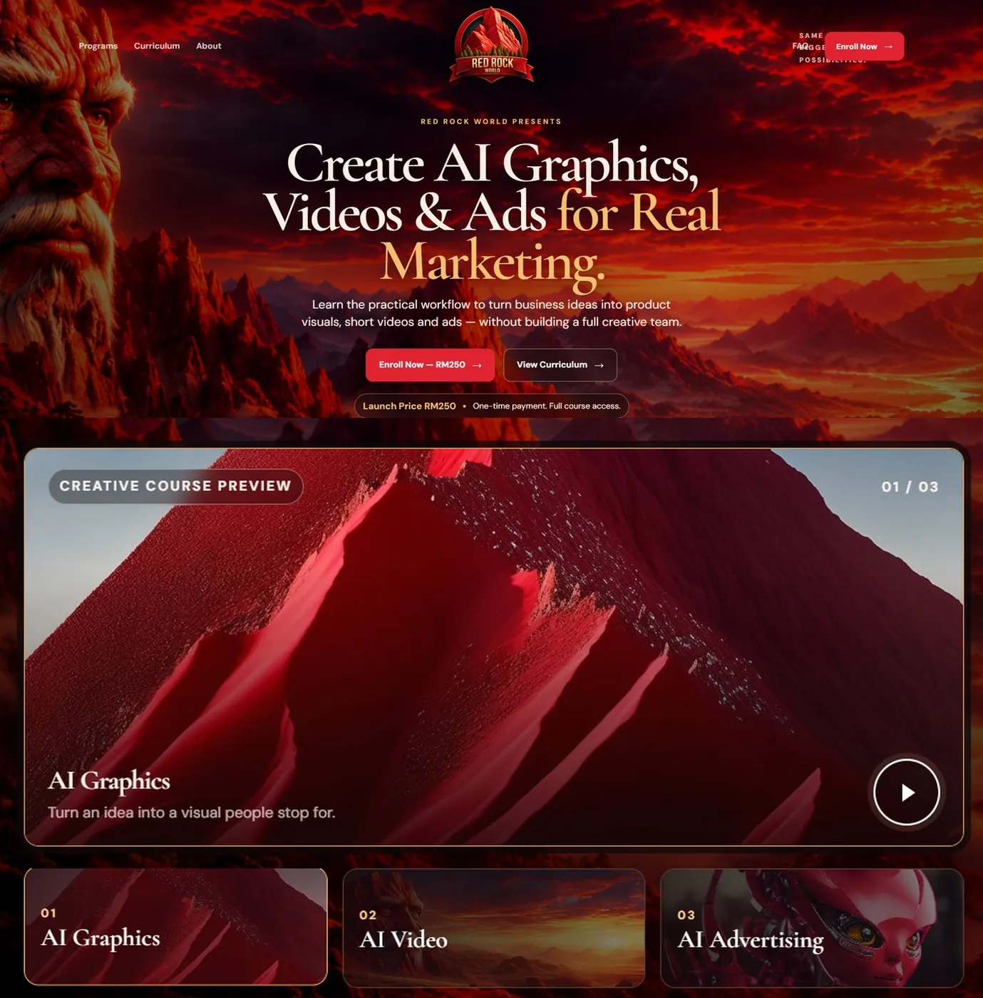 Red Rock World website: hero headline offering AI graphics, video and advertising courses, above the three-module course preview