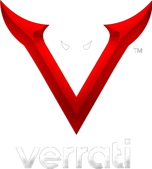Verrati logo: a red horned V mark above the word verrati and the line inspired by the devil