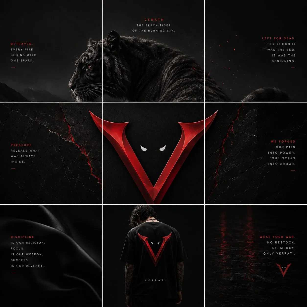 Nine-tile Instagram grid: Verath the black tiger across the top row, the red V emblem spanning the centre tiles, the tee shown from the back, and manifesto lines in red and white