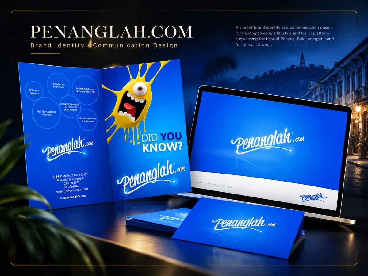 Penanglah.com showcase: brochure and laptop on a Penang street at night