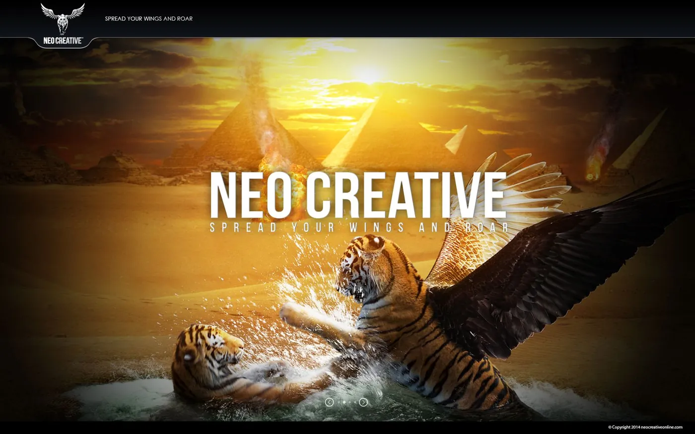 NEO Creative key visual: a winged tiger in water before burning pyramids at sunset
