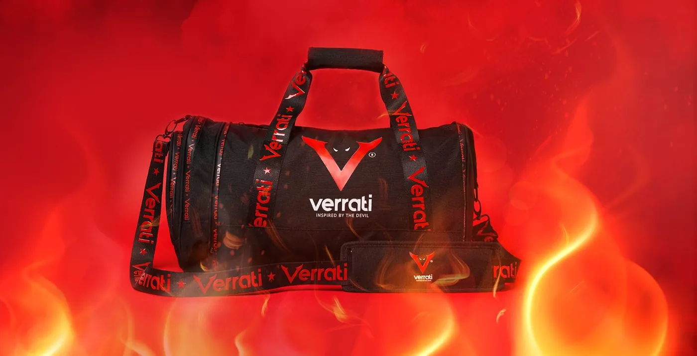 Verrati duffel bag in black and red against fire