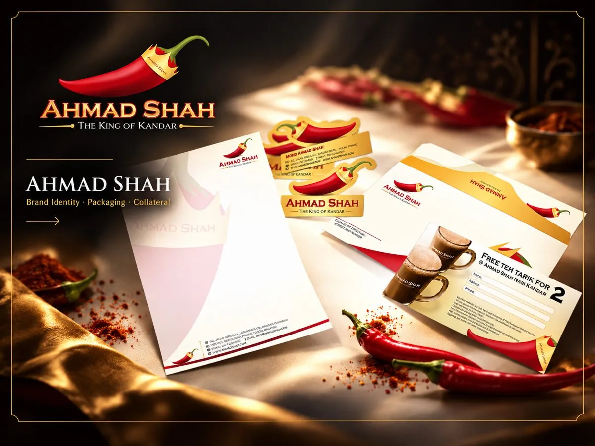 Ahmad Shah showcase: crowned chilli logo with letterhead, cards and vouchers
